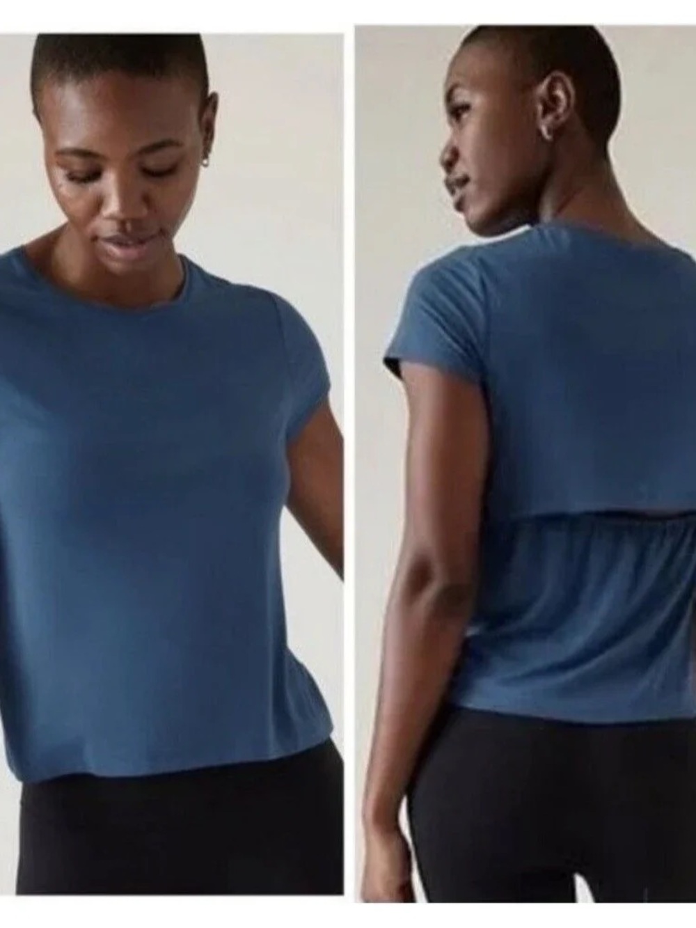 Athleta Air Out Cinch Tee Slate Blue Short Sleeve Layered Back, XS, EUC